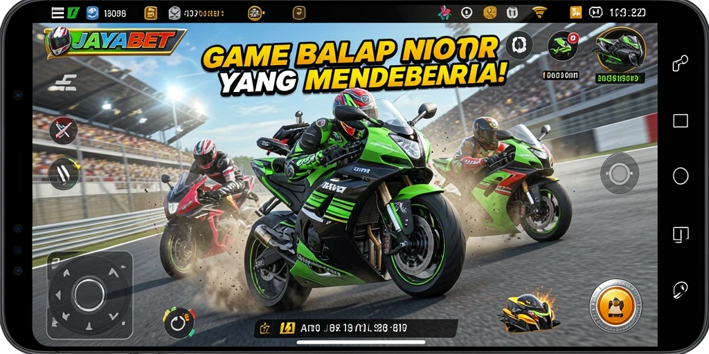 Tampilan utama gameplay JAYABET dengan aksi balap motor yang mendebarkan.