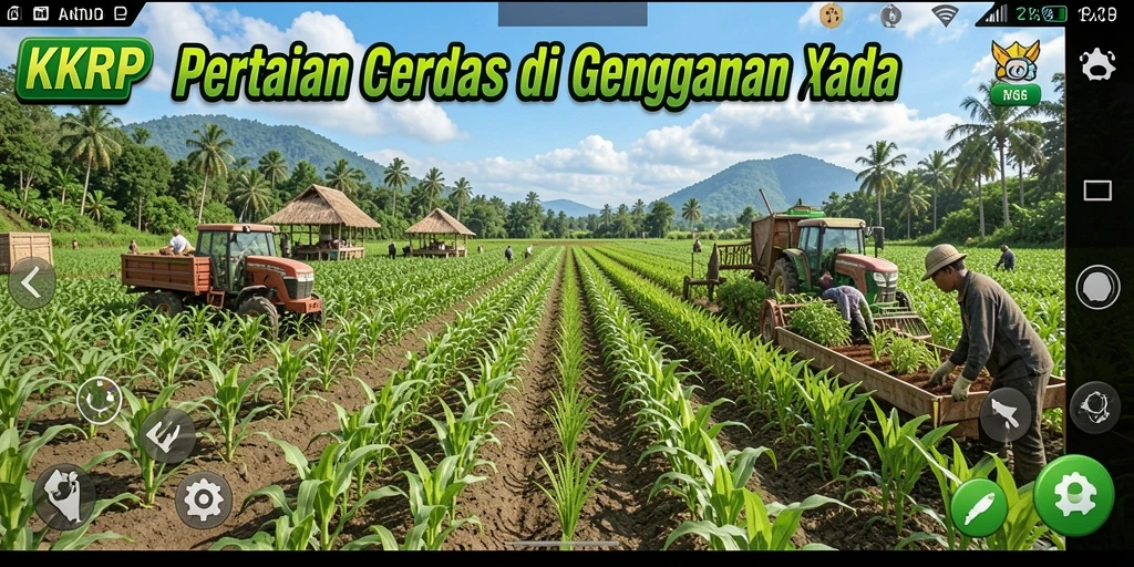 Tampilan screenshot utama permainan KKRP dengan kebun yang penuh warna.