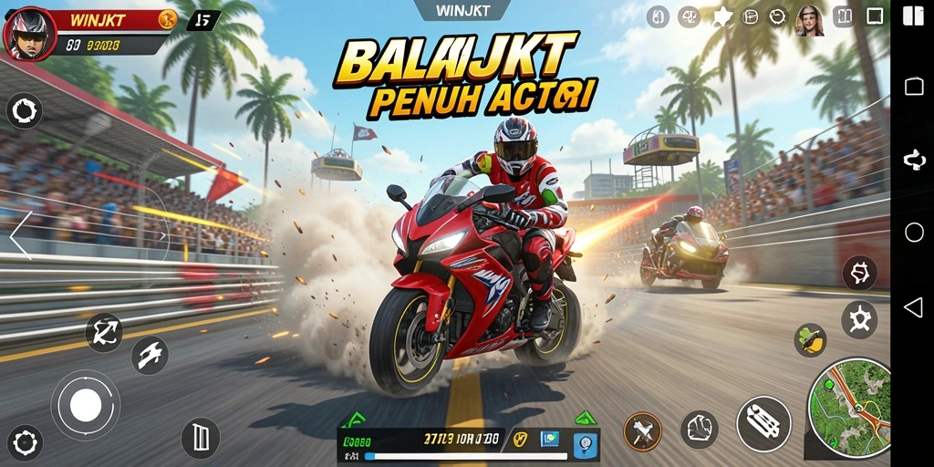 Screenshot gameplay WINJKT menampilkan balapan motor yang seru.